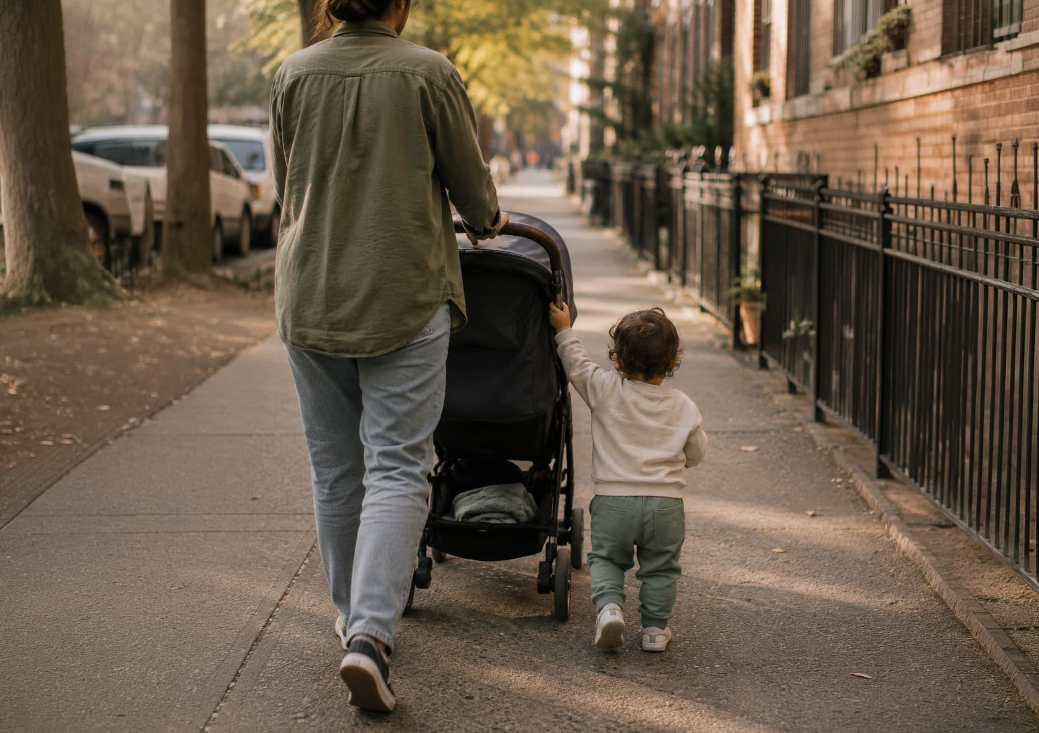 A parent pushing a stroller down a tree-lined block, a toddler walking alongside with a hand on the handle