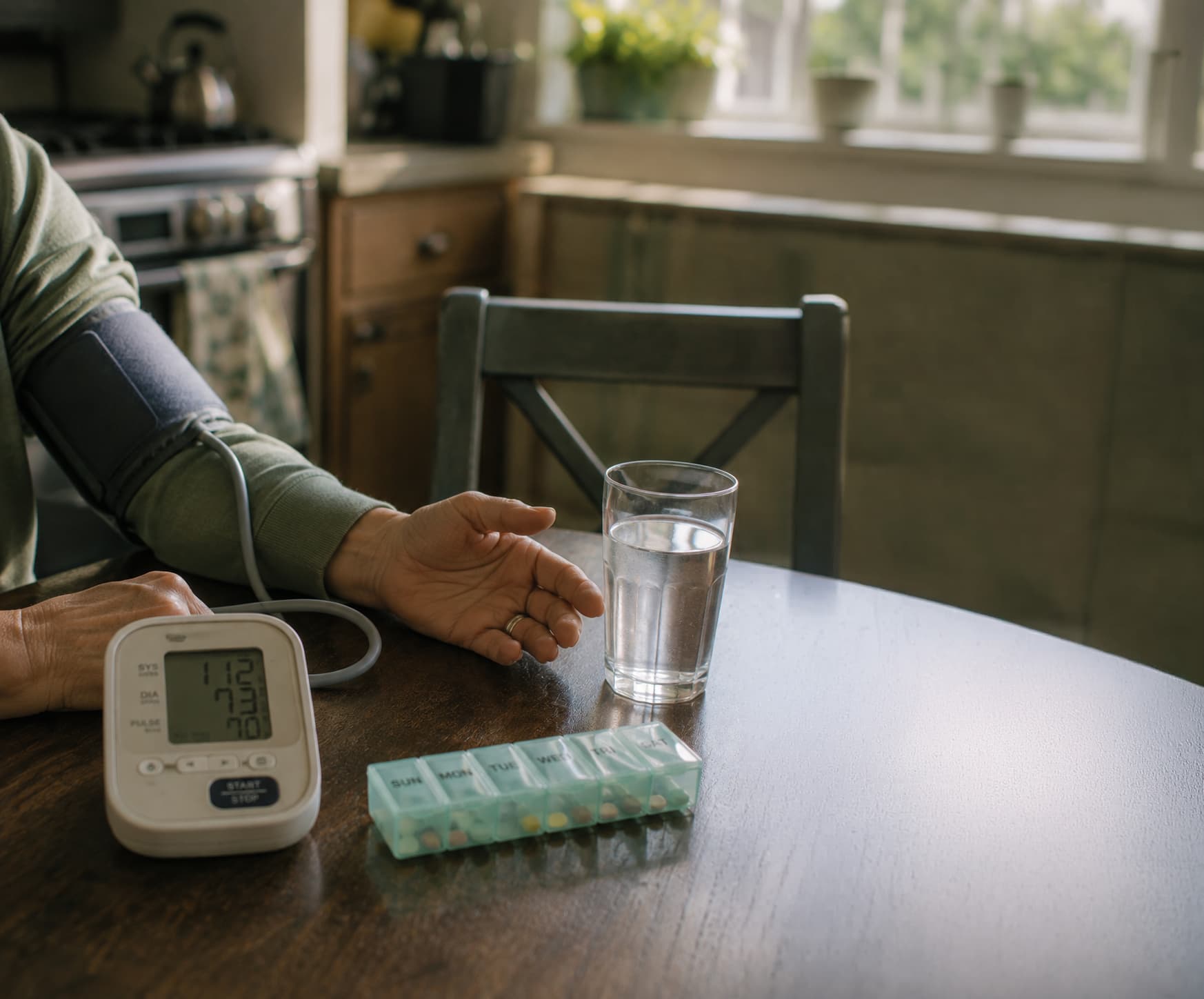 Someone checking their blood pressure at a kitchen table, a weekly pill organizer and a glass of water beside them