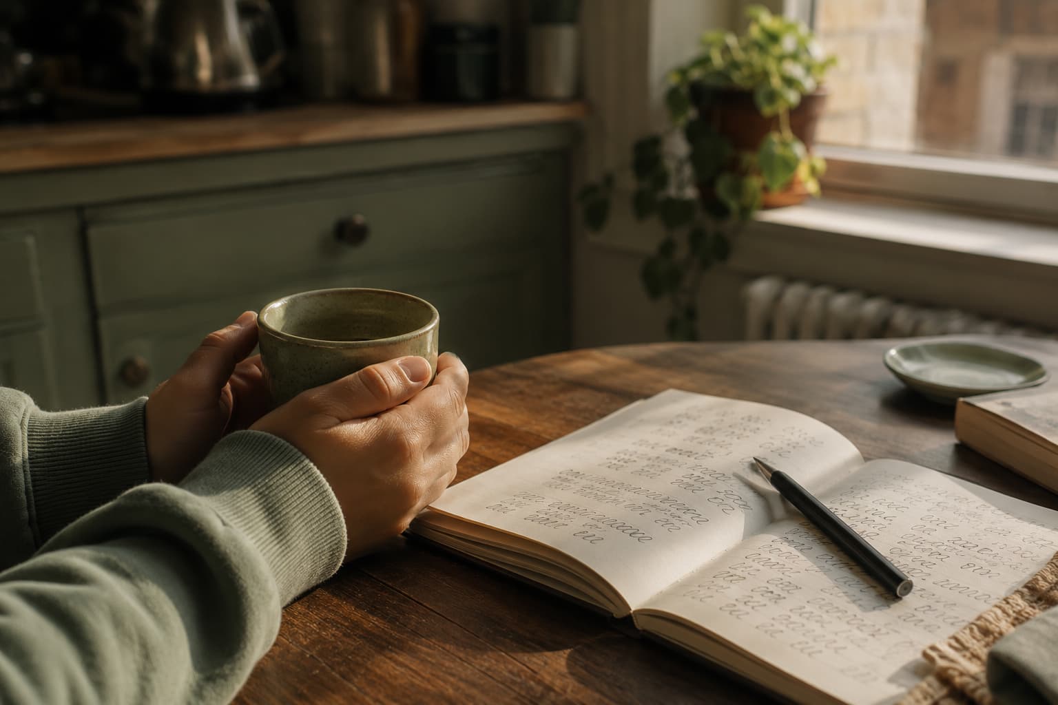 Someone holding a warm mug at a kitchen table next to an open notebook and pencil