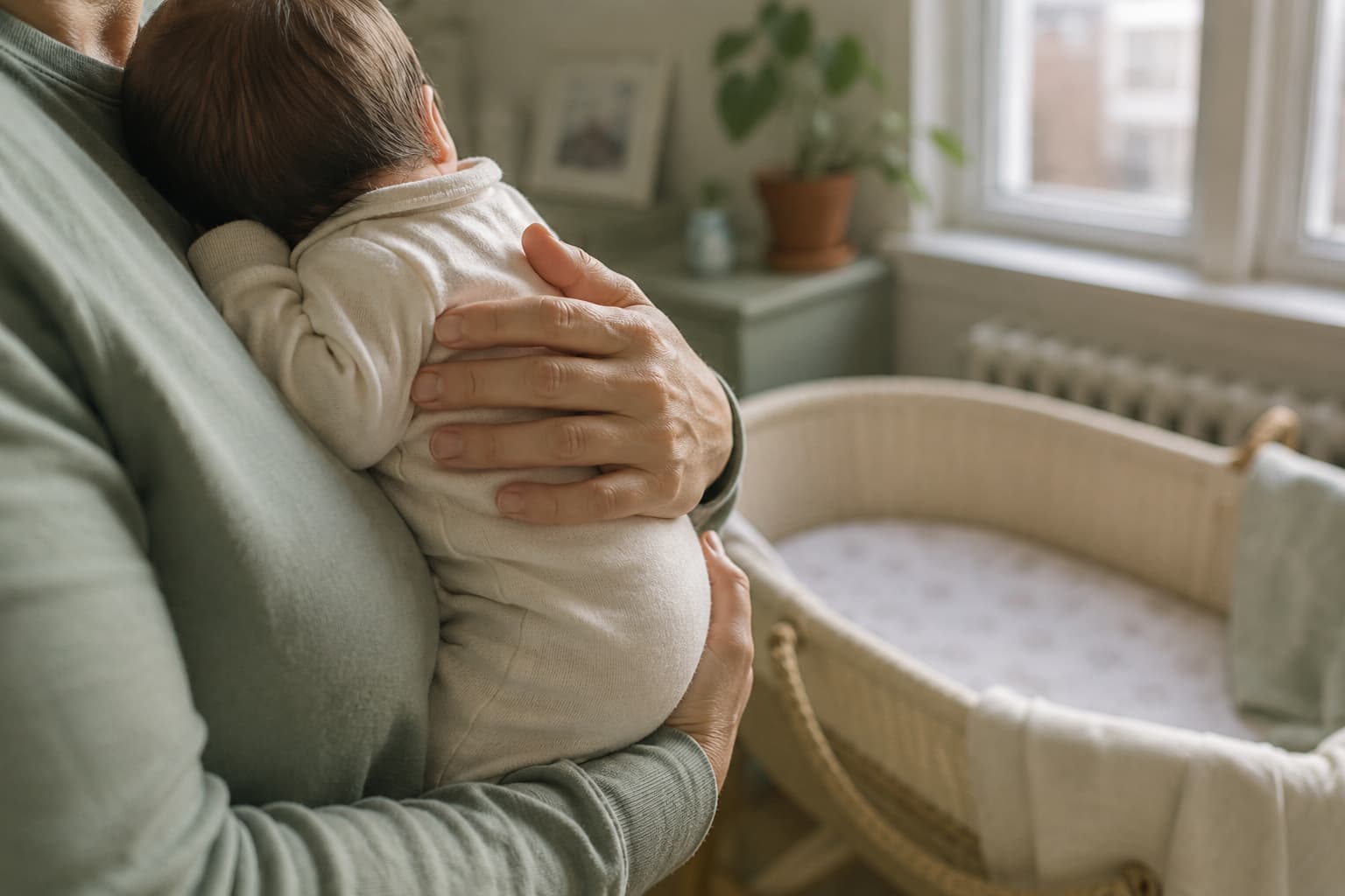 A parent holding a sleeping newborn against their shoulder beside a bassinet