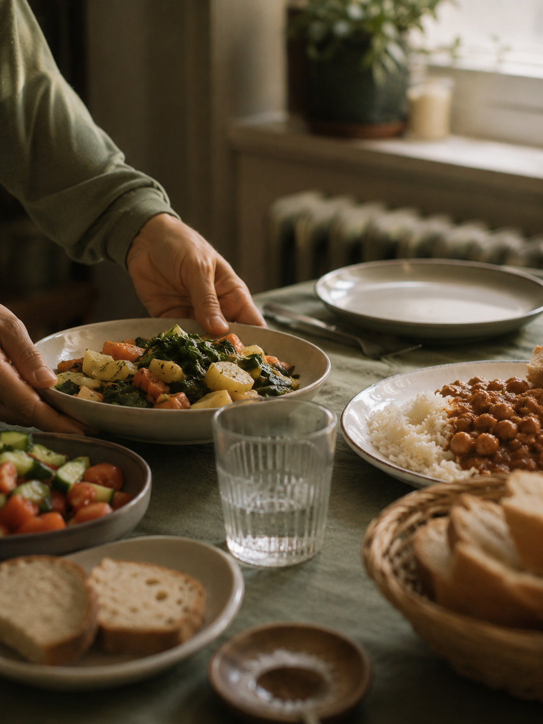 A family meal being set on a kitchen table