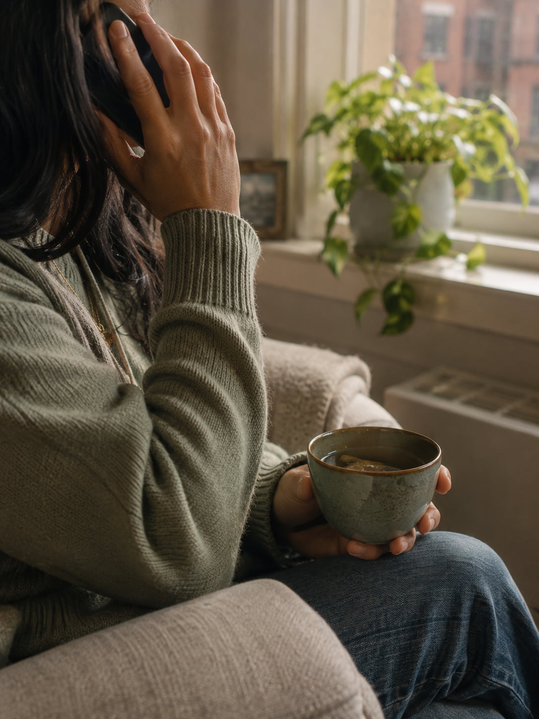 A person in a warm phone conversation at home