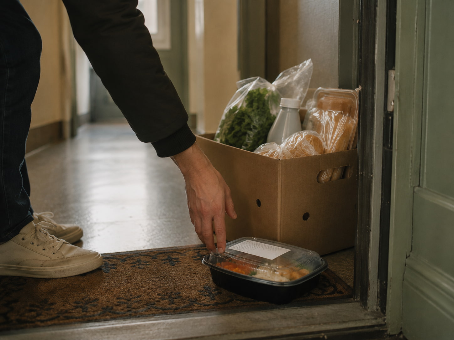 A grocery delivery and meal arriving at an apartment doorway
