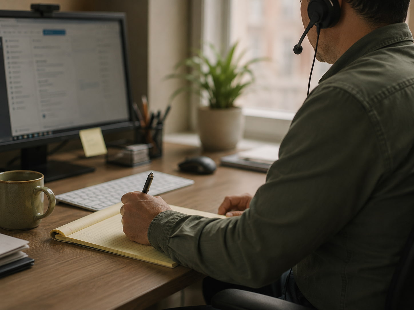 An advisor taking notes during a call