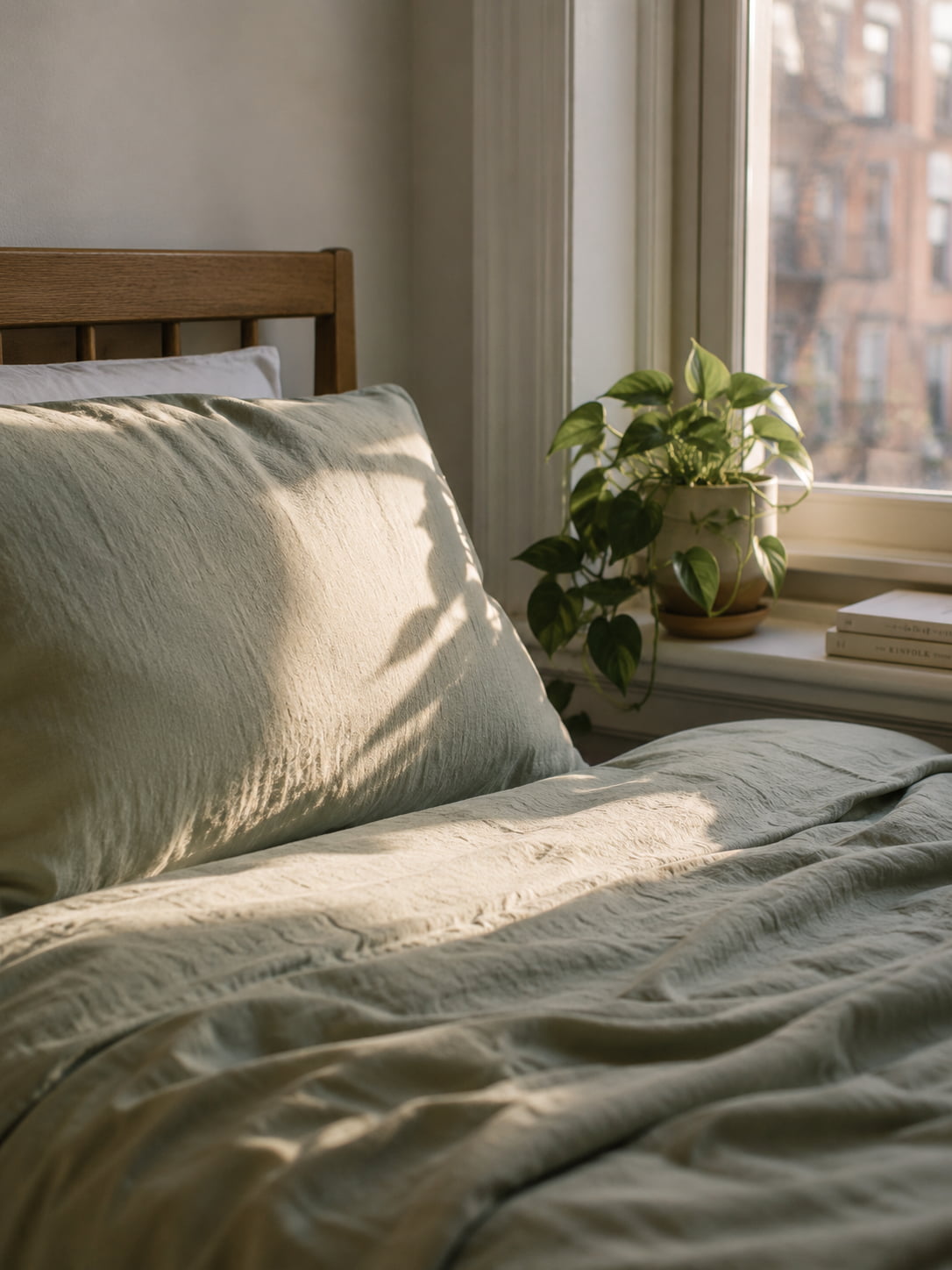 Fresh bedding in a bright bedroom