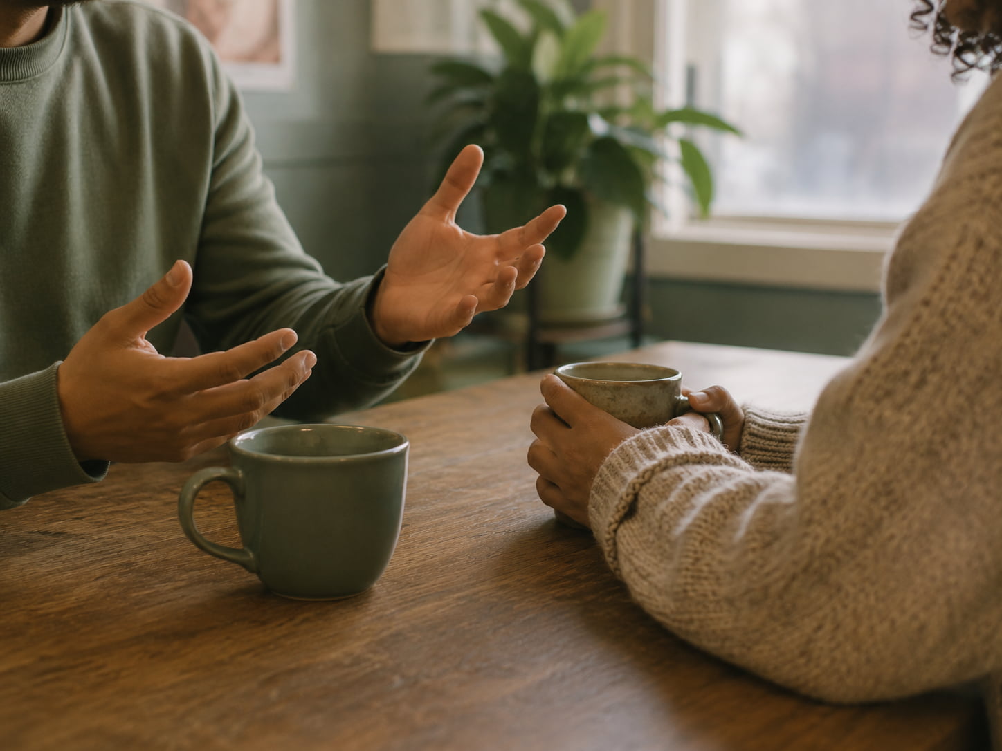 Two people in warm conversation over coffee at a community center
