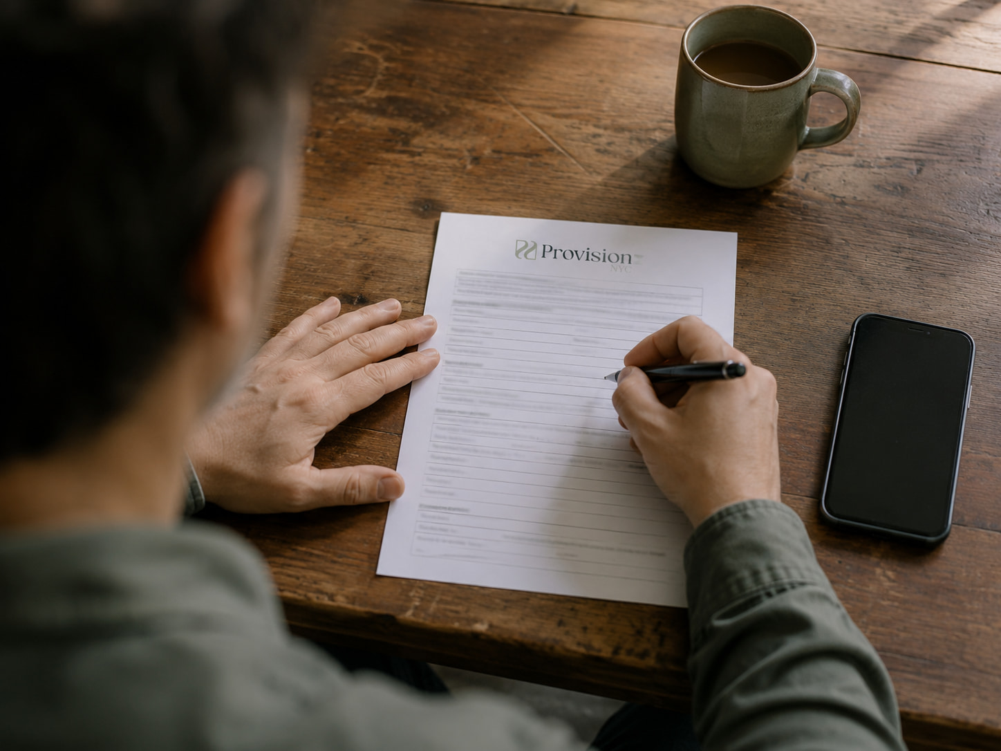 Hands filling out a form at a kitchen table